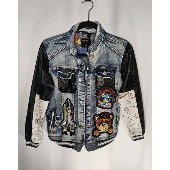 Elite Premium Denim Mocha Jacket Kids 10-12 Patches Streetwear - Picture 1 of 6
